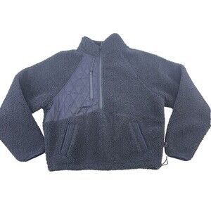 Joy Lab 1/2 Zip Sherpa Pullover Navy Blue Cropped Plush Drawstring Hem Womens S